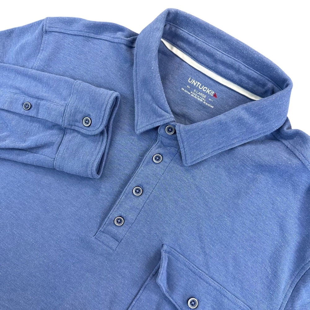 UNTUCKit Men's XL Blue Matthieu Heavyweight Long-Sleeve Polo Shirt Regular Fit